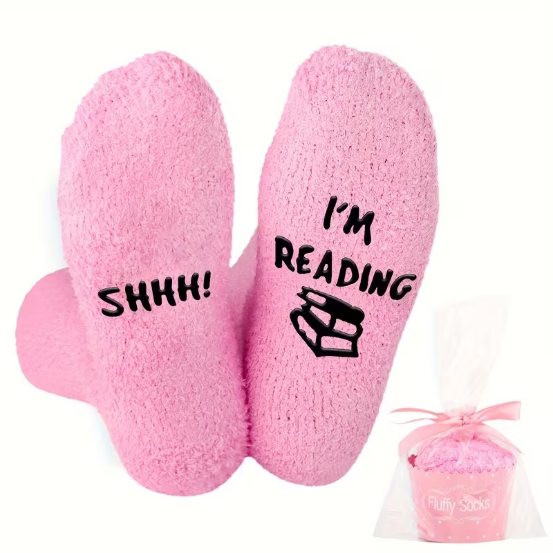 Теплі плюшеві шкарпетки для читання «I'm Reading / Shhh!» рожеві