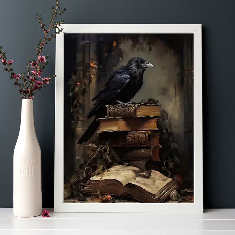 Постер “Готичний ворон і книги” dark academia полотно для інтерʼєру