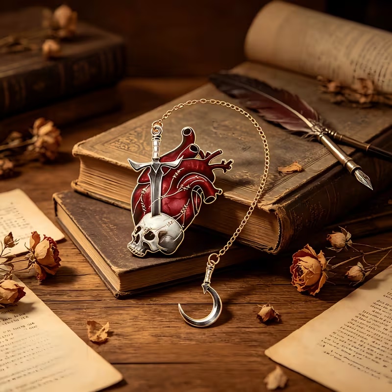 Металева закладка для книги «Череп і серце зі святим мечем» gothic bookmark з підвіскою-півмісяцем