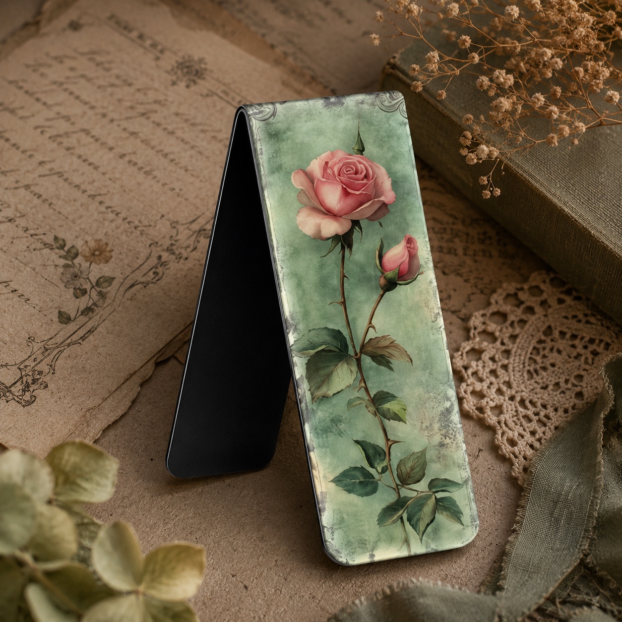 Магнітна закладка «Vintage Roses» вінтажна троянда на зеленому фоні
