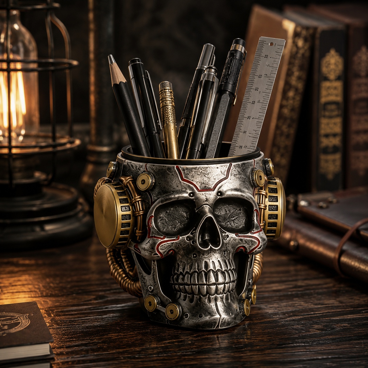 Органайзер для ручок “Steampunk Cyborg Skull” готичний holder для канцелярії