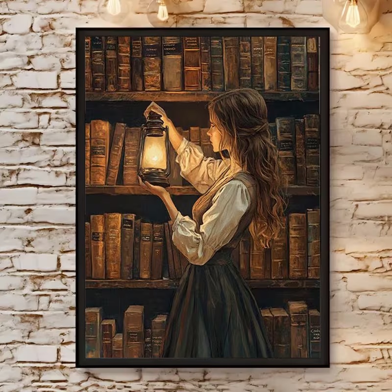Постер “Дівчина з ліхтарем у бібліотеці” dark academia полотно для інтерʼєру