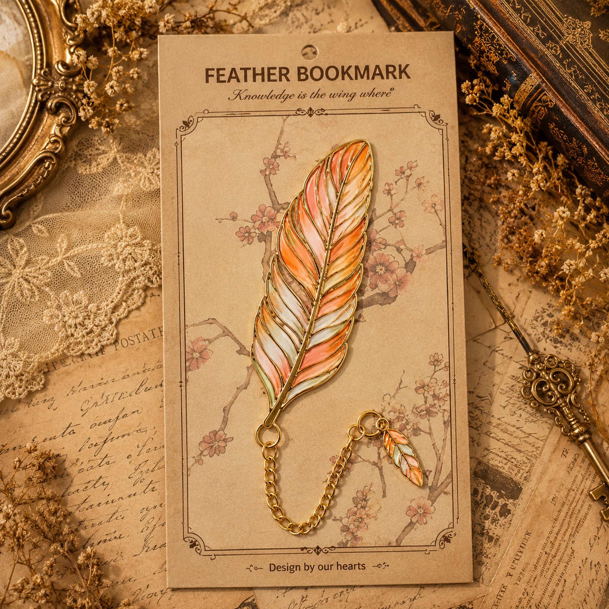 Металева закладка «Fantasy Feather» персикове перо