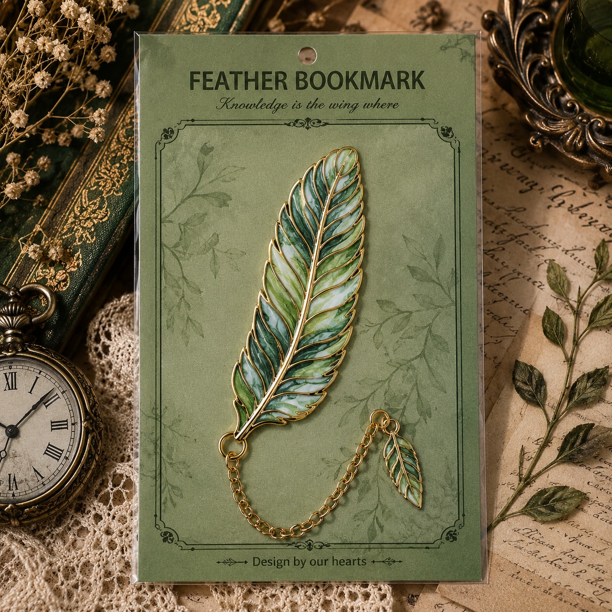Металева закладка «Fantasy Feather» смарагдове перо