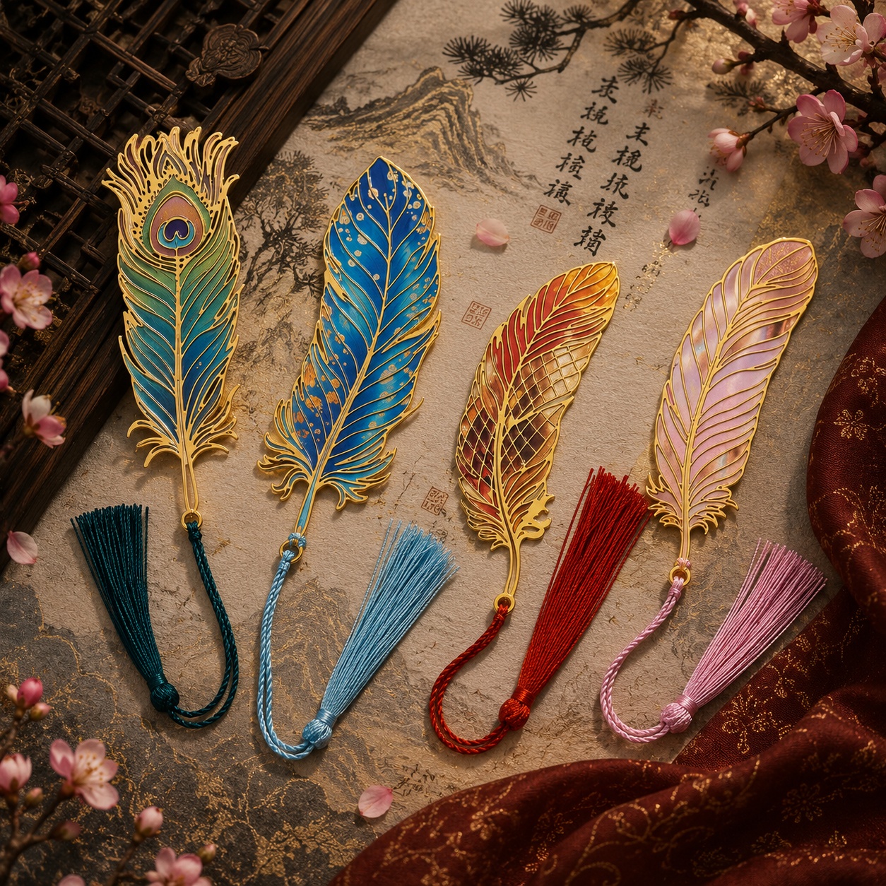Металева закладка для книги «Elegant Feather» з кольоровим емалевим пером