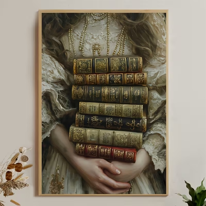 Постер “Дівчина з вінтажними книгами” aesthetic полотно для інтерʼєру
